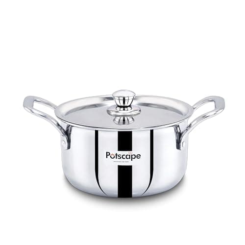 Potscape Triply Stockpot with Lid, 18 cm Capacity 2.6 LTR | Triply SAS Construction | | Induction Compatible Dishwasher Safe | Sturdy Handle | Casserole/Biriyani Pot with Lid - 5 Year Warranty