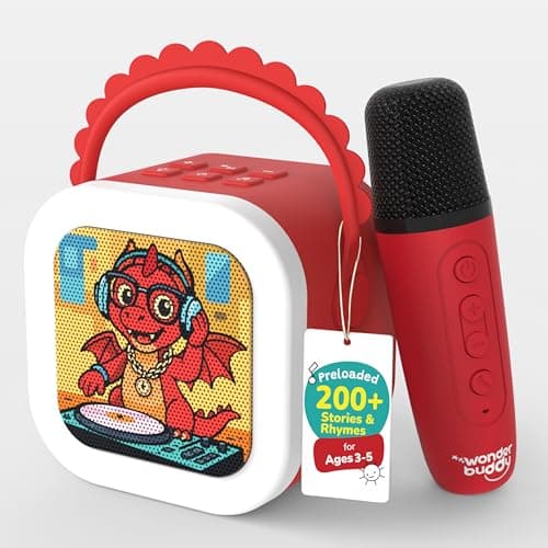 WonderBuddy StoryBox Mini, 200+ Stories & Rhymes Preloaded, Karaoke Mic for Singing, RGB Lights, Kids Speaker, Musical Toy, Best Gift for 3-5 yr Kids - Dragon with Mic
