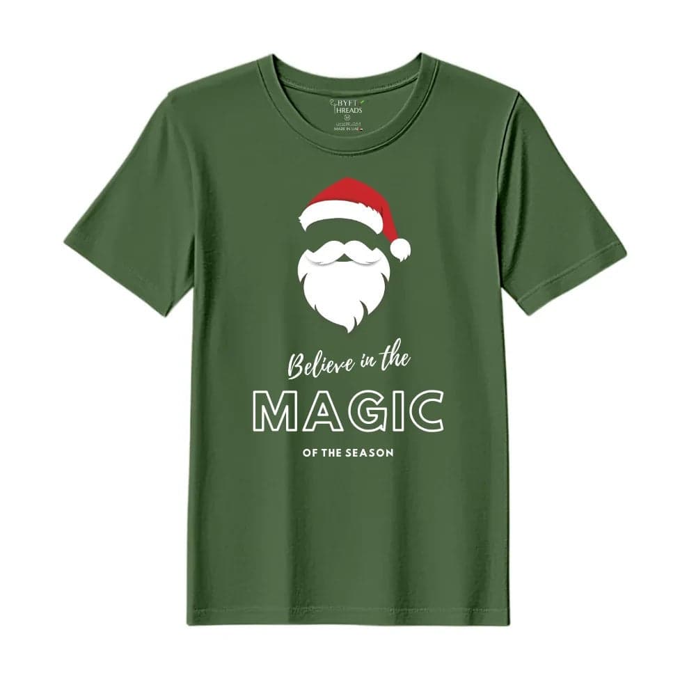 BYFT Threads Medium Forest ELF Green Polycotton T-Shirt - Christmas "Believe in the magic of the season" Printed Design, Premium Holiday Collection
