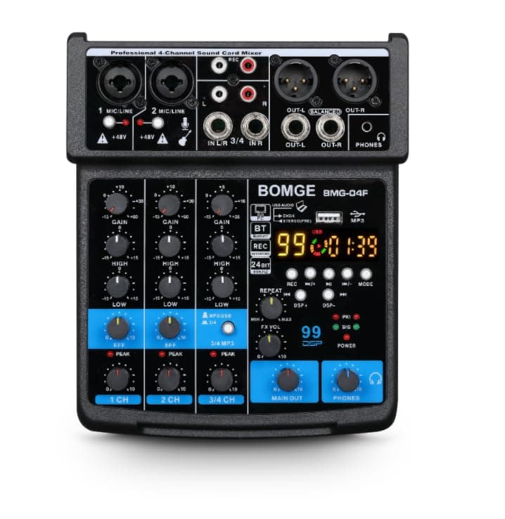 BOMGE 4 Channel mini DJ Audio Sound Mixer Interface with MP3 USB Bluetooth Stereo Recording 48V Phantom Power 99 DSP for karaoke performance church singing podcas streaming