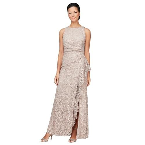 Alex Evenings Women's Long Sleeveless Mother of The Bride Dress w/Cascade Ruffle & Front Slit, (Petite and Regular Sizes), Buff Petite, 16P