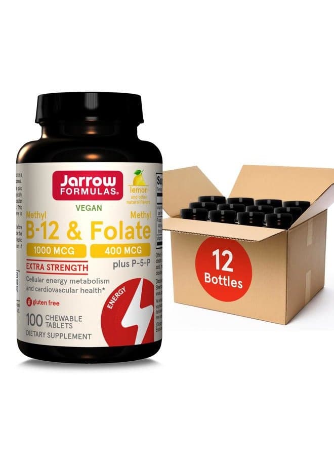 Methyl B-12 1000MCG & Methyl Folate 400MCG,Extra Strength,Cellular Energy Metabolism & Cardiovascular Health Formula(1) With P-5-P,100Chewable Tabs,Up to a 100 Day Suppl,12Packs