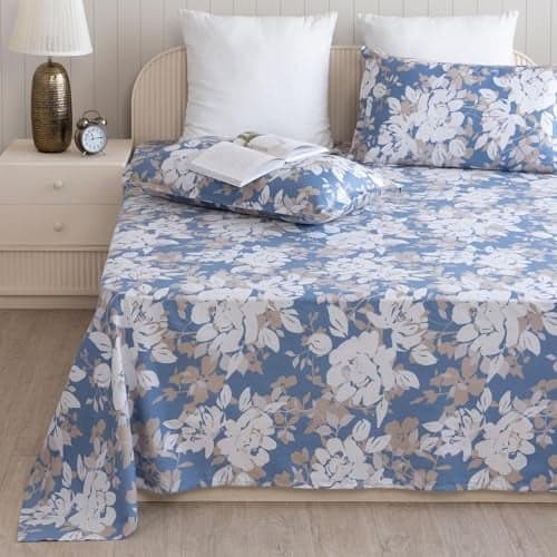 HOMEMONDE Cotton Flat Sheet with Two Pillow Covers,Blossom Haze Printed & Breathable Bed Sheet for Queen Size Bed(90 x 100 Inches / 229 x 254 cm,Blossom Haze) | Perfect for Home Decor & Gifting
