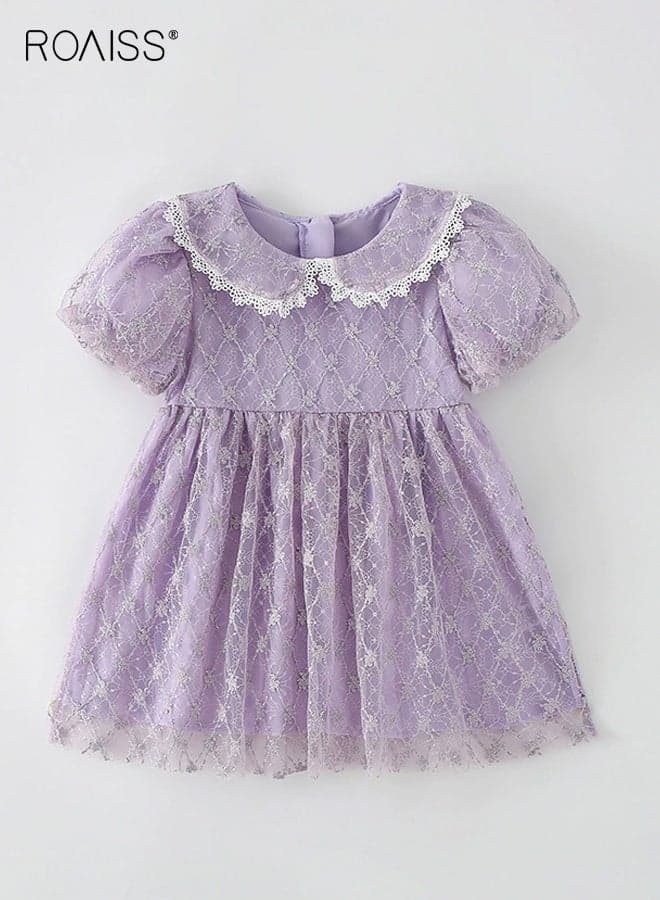 Girls Tulle Dress with Back Zipper, Puff Sleeve Peter Pan Collar Dress, Stylish Chic Frock for Girls, Summer A-line Dress with Lining, Suitable for Daily Wear, Birthday Parties, Wedding or Any Occasion