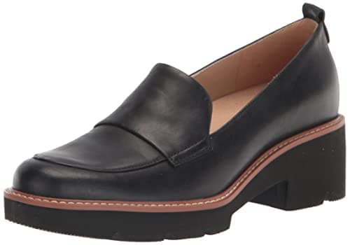 Naturalizer Womens Darry Slip On Lightweight Lug Sole Heeled Loafer ,Black Leather,9.5W