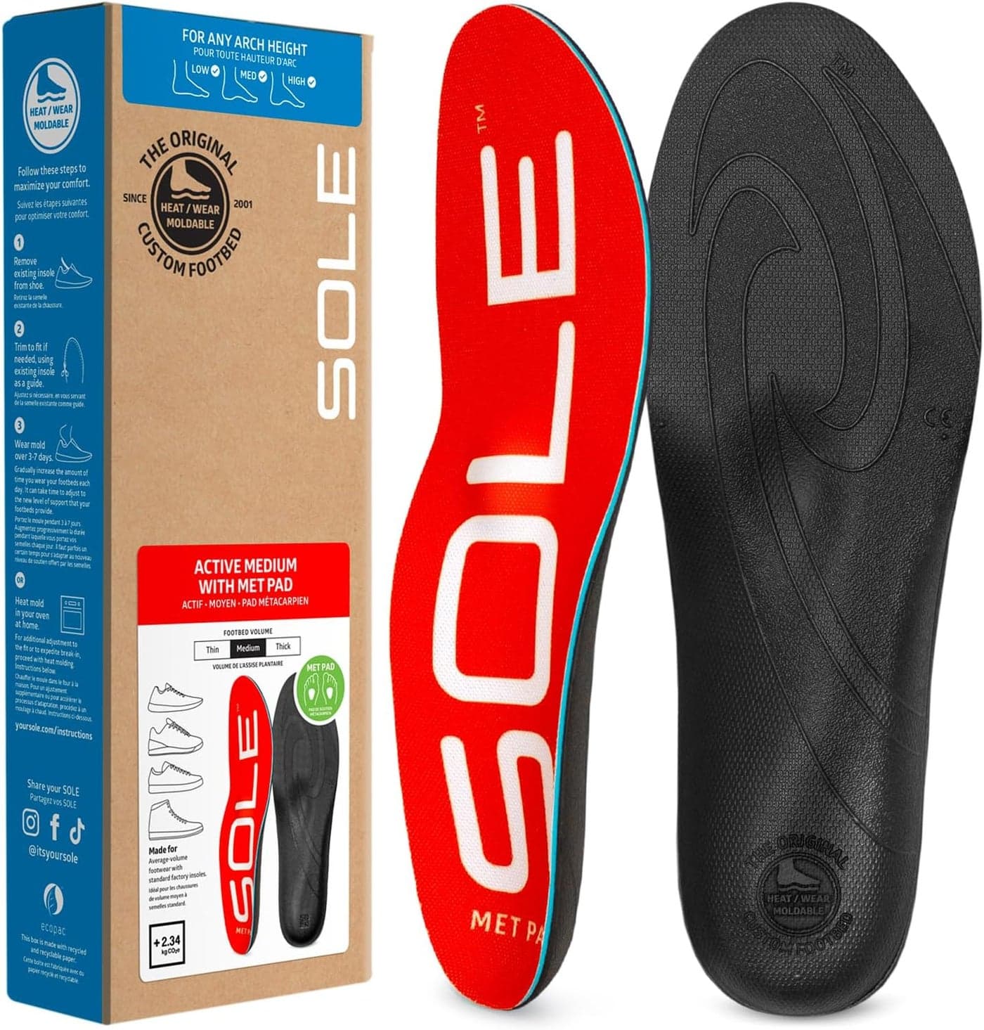 SOLE Active Medium Shoe Insoles with Metatarsal Pads - Men's Size 4/Women's Size 6