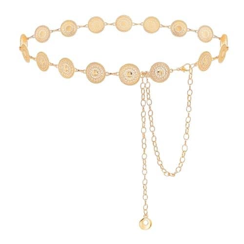 PALAY® Belt for Women Dresses Metal Concho Waist Chain for Woman Western Boho Hip Belt for Saree Vintage Stylish Adjustable Chunky Belly Chain Women Fashion Belts for Jeans, Dresses, Skirts - Gold