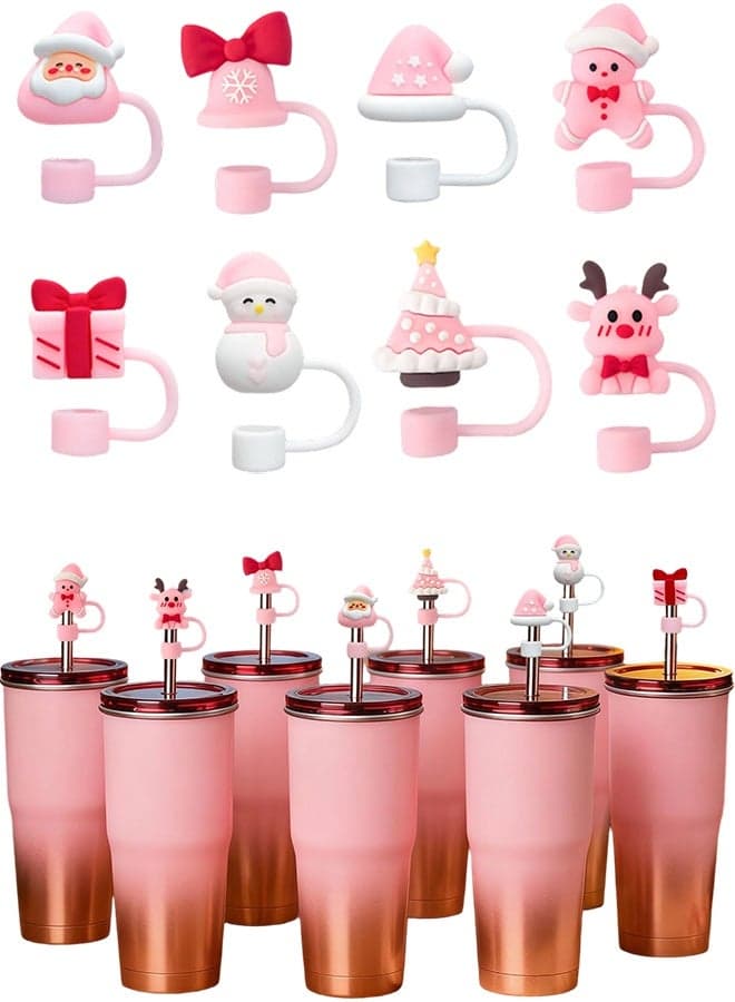 Straw Toppers Compatible with Stanley Cup, 8 PCS Christmas 3D Pink Cartoon Straw Covers, Food Grade Silicone Reusable Straw Cap Stopper, Winter Design, Fits 0.4Inch/10mm Straws