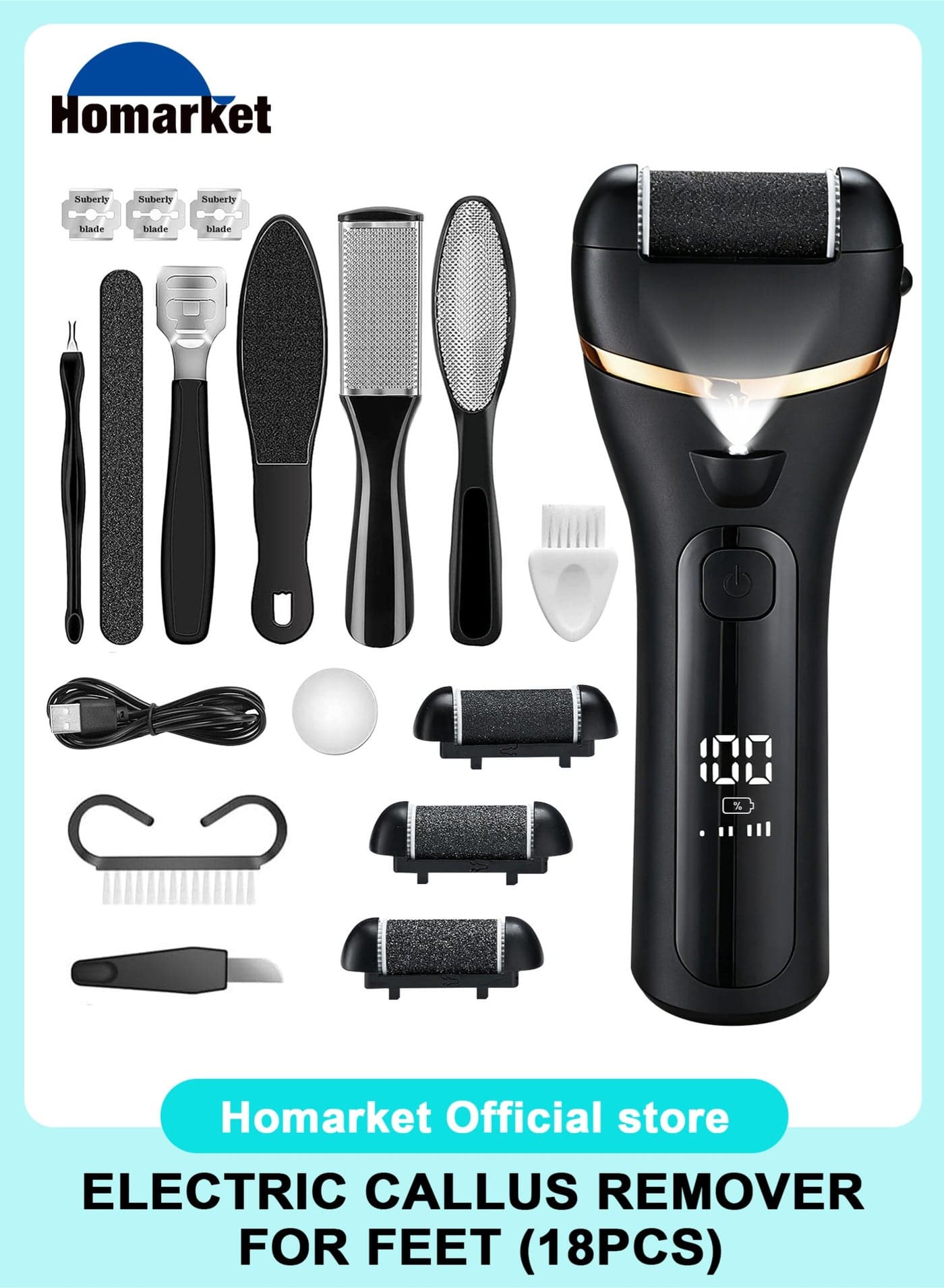 Electric Feet Callus Remover, Professional 18 in 1 Foot File Pedicure Kit Tools, Rechargeable Dry Dead Skin Foot Scraper with 3 Roller Heads & 2-Speed Power for Feet Hands Heels Spa (Black)