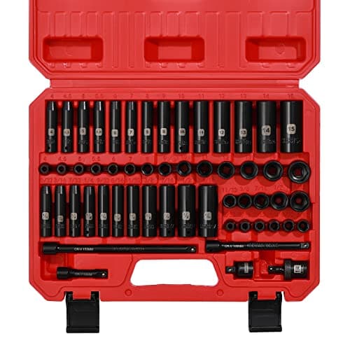 Mayouko 55PCS 1/4 Inch Drive Master Impact Socket Set, Metric/SAE, Deep/Shallow, 6 Point, CR-V, 5/32 Inch - 9/16 Inch, 4mm - 15mm, With Extensions,Adapters,Universal Joint