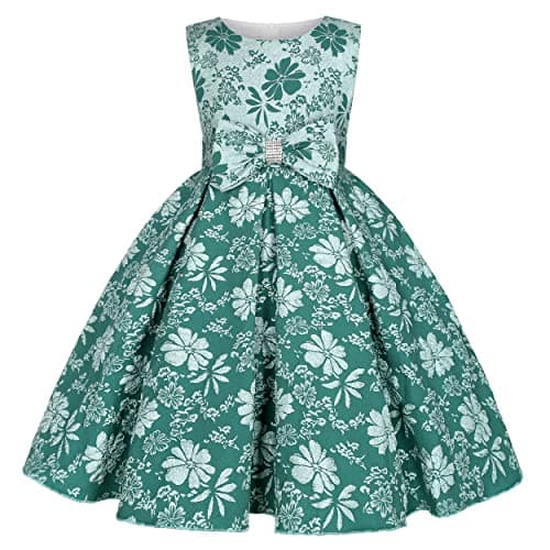 BESZANA Girls Dress Bow Design Girls Party Birthday Dress Suitable for Children Aged 2-10 Blackish Green