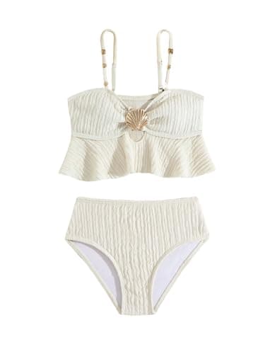 OYOANGLE Girl's Two Piece Metallic Shell Bikini Sets Cut Out Ruffle Top High Waist Hipster Swimsuit Apricot 12Y