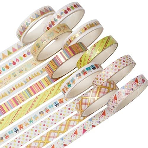 YUBBAEX 10 Rolls Sparkling Washi Tape Set 8mm Skinny Gold Foil Decorative Masking Washi Tapes for Bullet JournalScrapbook Planner DIY Crafts Party Elements