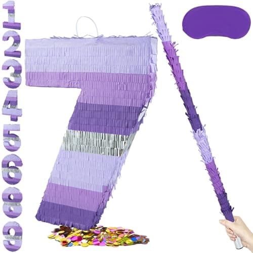 PCFING 20 Inch Number 7 Piata Purple Silver with 30 Inch Piata Stick Blindfold Confetti for Boy Girl Kids Birthday Party Decorations Anniversary Celebration Fiesta