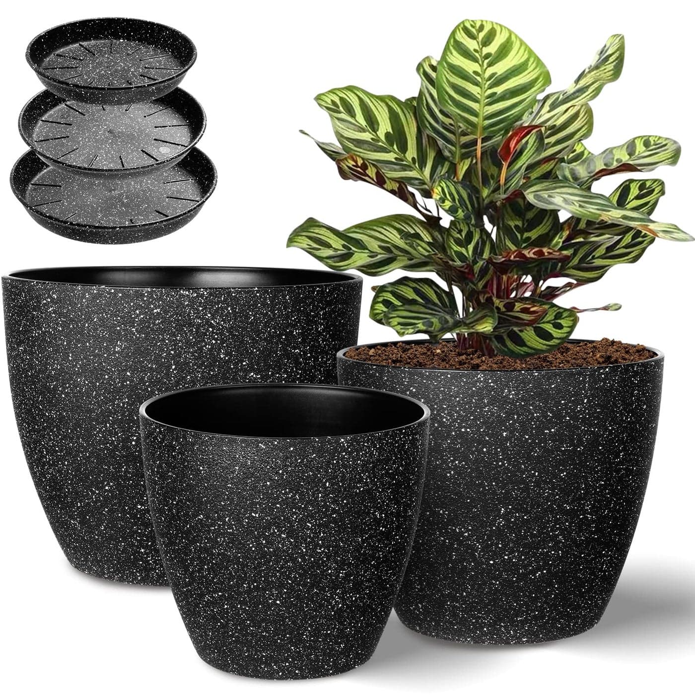 Vanavazon Plant Pots 987 Inch Set of 3 Flower Pots Indoor Outdoor Plastic Planters with Drainage Hole and Tray Speckled Black