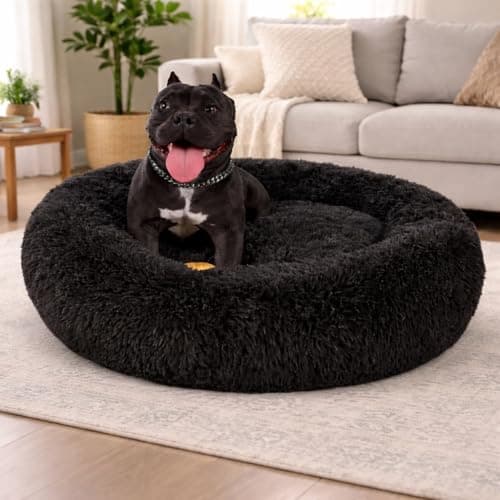 ZEXSAZONE Round Doughnut Pet Bed for Cats and Puppies Dogs mat, Cozy and Plush, Raised Bedside Support, Both Sides Use like 2 in One, Washable, Sizes for Small, Medium, and Large Pets. (Black, Medium)