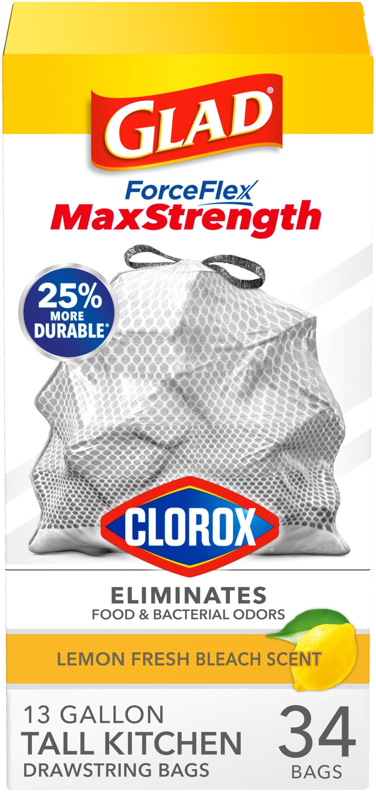 Glad ForceFlex MaxStrength with Clorox Tall Kitchen Trash Bags 13 Gal 34 Ct Package May Vary