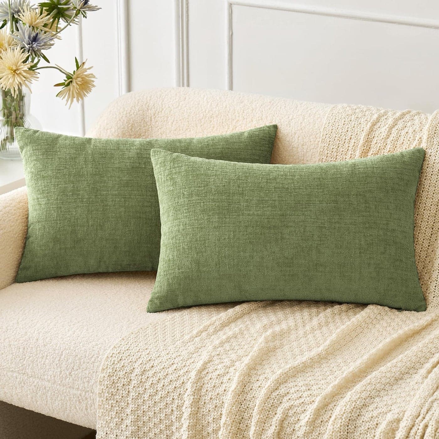 MIULEE Pack of 2 Couch Throw Pillow Covers 12x20 Inch Spring Soft Sage Green Chenille Pillow Covers for Sofa Living Room Solid Dyed Pillow Cases