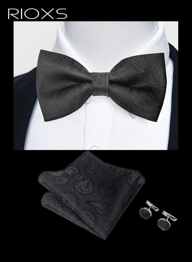 Men's Jacquard Bow Tie Three-Piece Set Business Wedding British Style Printed Bow Tie, Pocket Square, and Cufflinks Set Polyester Asymmetrical Lapel Flower in Deep Gray