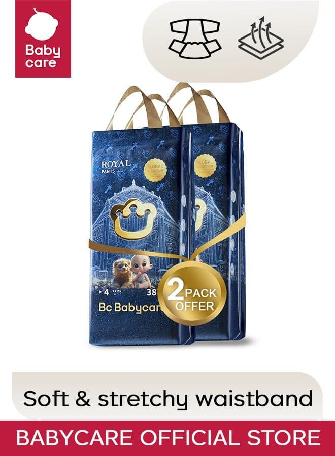 Babycare - Royal Baby Diaper Pants, Size 4 (9–14 Kg), Pack of 2 (76 Pieces), BPA-Free, Non-Toxic, Ultra-Absorbent, Leak-Proof, Soft and Breathable, Stretchy Waistband, Hypoallergenic, Pull-Up Style, Comfortable Fit, Easy to Wear, Gentle on Skin, Ideal for Toddlers, Day and Night Protection