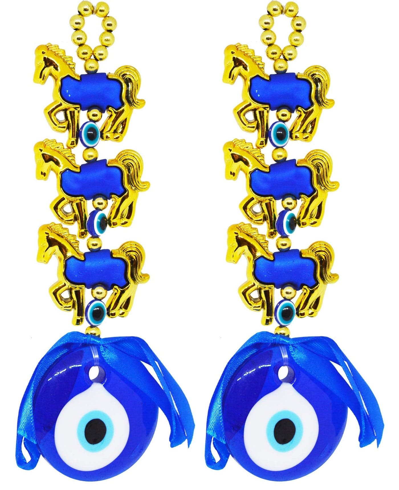 Saubhagya Global Fengshui Set of 2 Blue Three Horse Evil Eye Hanging for Car & Door/Office, Medium Size, Height-17.5cm