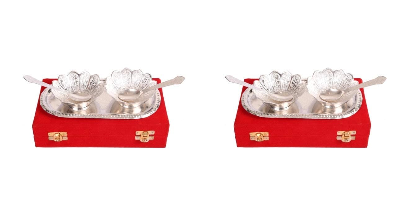 AC ANAND CRAFTS Flower Cut Silver Plated Brass Bowl Set with Box Set of 2 for Best for Gifting, Anniversory, Return Gift, Diwali, New Year, Christmas