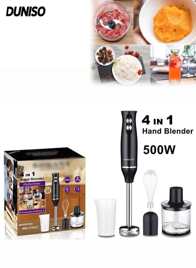 4 in 1 Powerful Hand Blender, Powerful 500w Chopper, Immersion Hand Blender,Milk Frother, Egg Beater, Stainless Steel Blades, 500ml Chopping Bowl, 700ml Beaker, Perfect for Smoothie Sauces Food Soups