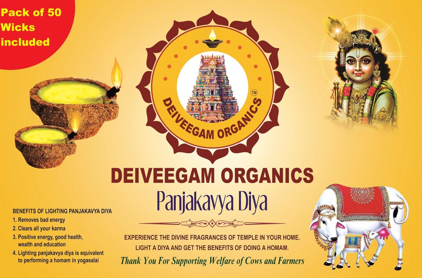 Deⅰveegam Organics Panchagavya Cow Dung Diya Vilakku Deepam (50 Pcs) - Made of Panchagavya and Homam Herbs - for Festivals, Diwali and Daily Puja
