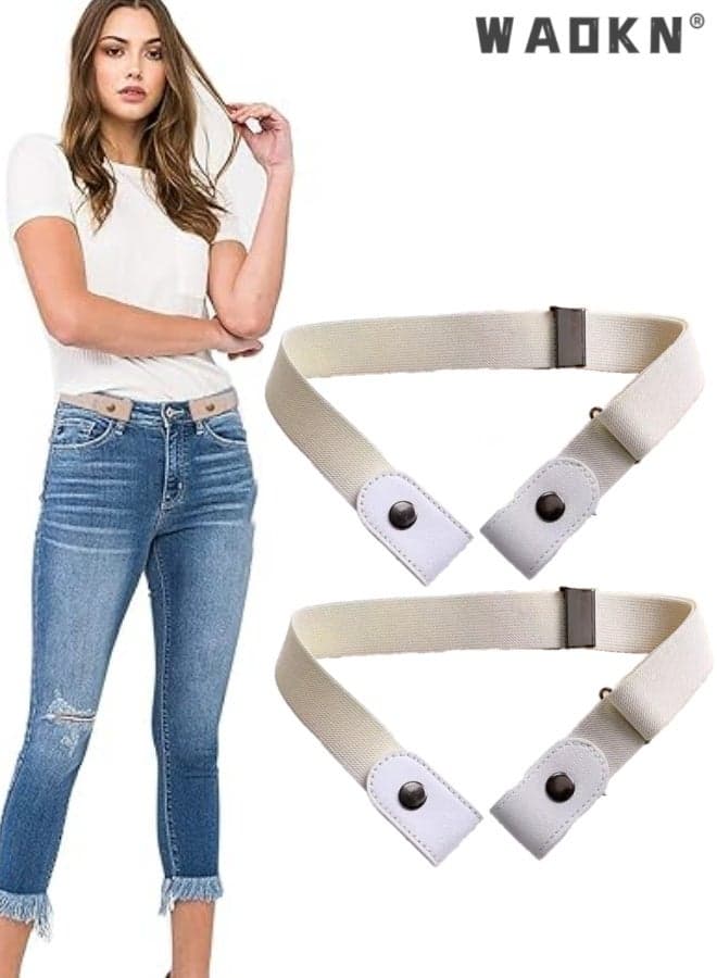 2pcs No Buckle Stretch Belt for Women and Men Elastic Waist Belt up to80-105cm for Jeans Pants , Convenient and comfortable , adjustable belt , suitable for working ,shopping and travel, unisex , white.