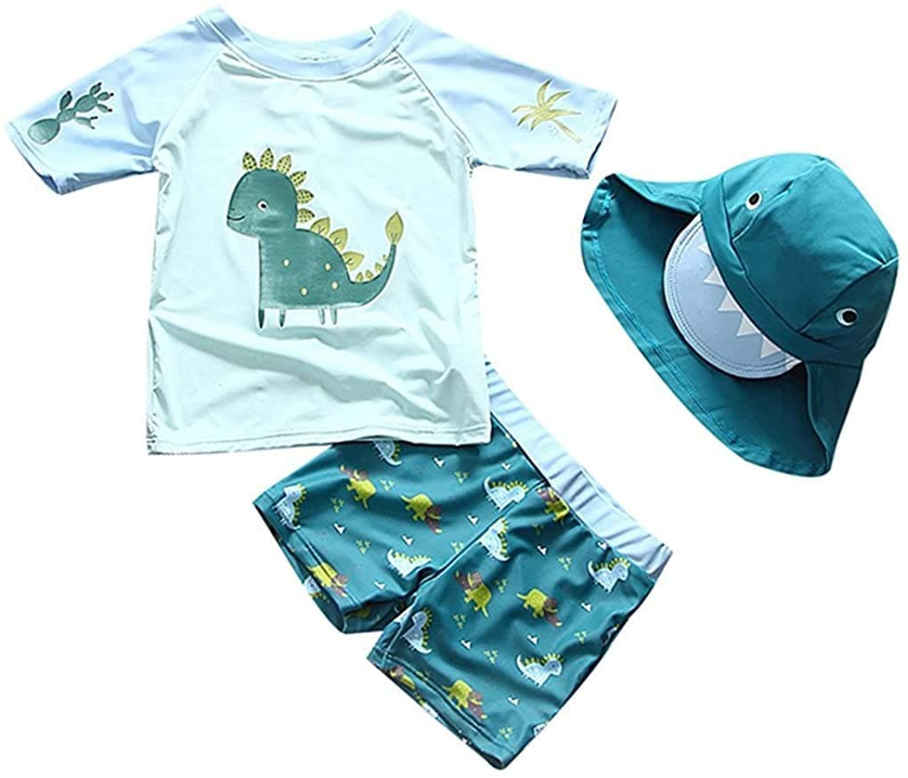 SGMWVB Baby and Toddler Boys' 3-Piece Swimsuit Set Kids Dinosaur Bathing Suit Swimwear with Hat Surfing Suit UPF 50+(6-9 Months)