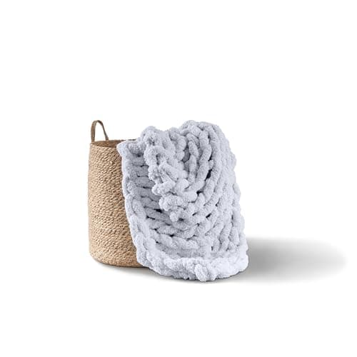 Adyrescia Chunky Knit Blanket Throw | 100% Hand Knit with Jumbo Chenille Yarn (50"x60", Light Gray)
