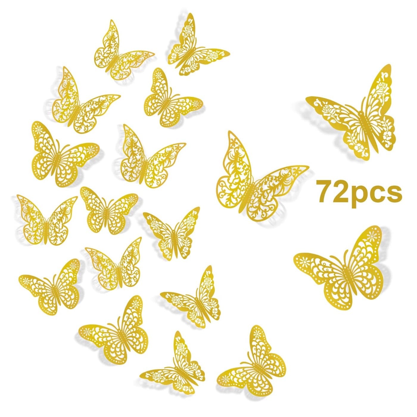 InsuWood 3D Butterfly Wall Decor 72 Pcs 3 Styles 3 Sizes Gold Butterflies for Party Birthday Cake Decorations Removable Stickers for Wedding Room Flower Decor
