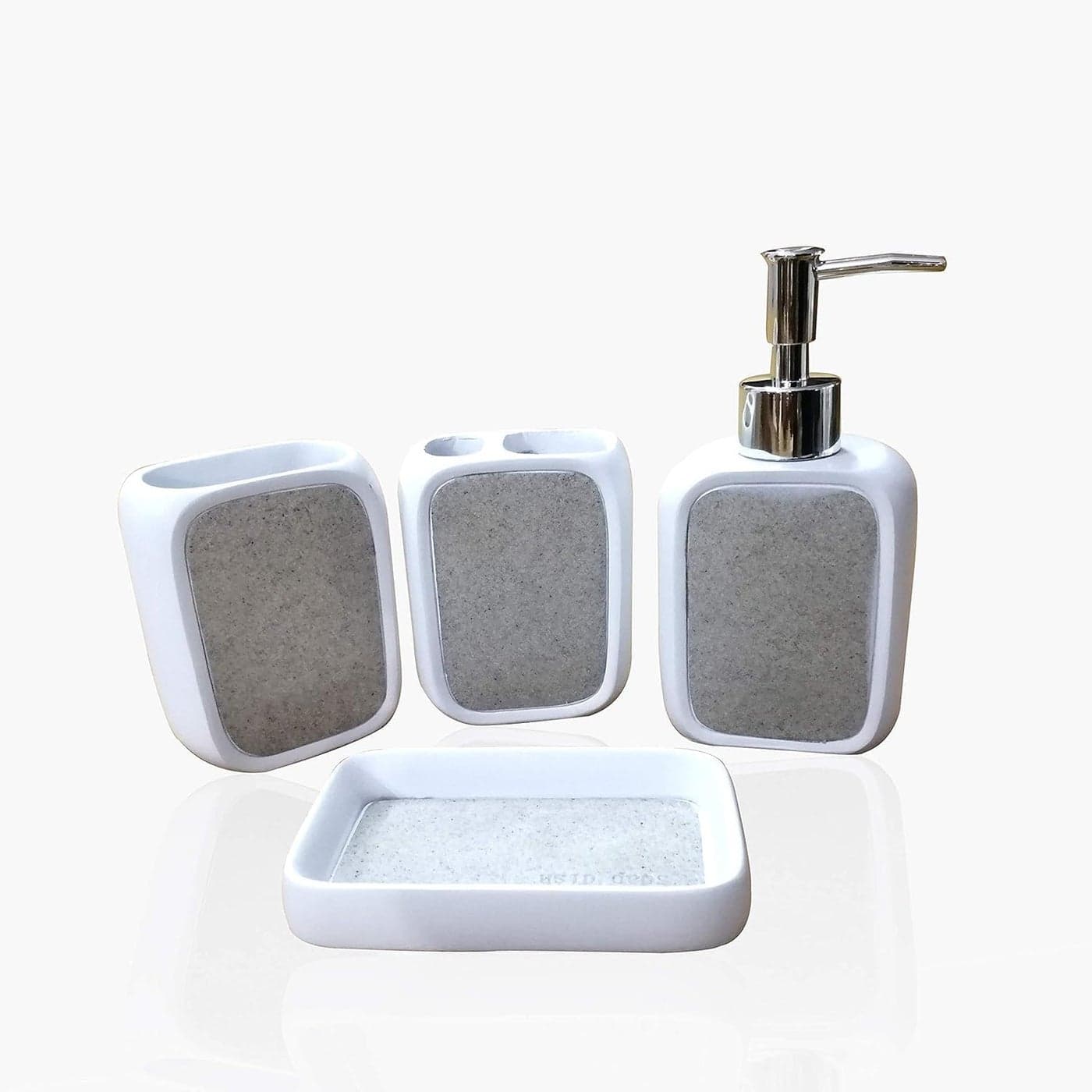 Volo Polyresin 4 Piece Bathroom Set Handwash Dispenser with Toothbrush Holder Soap Tray and Tumbler White and Stone Pattern
