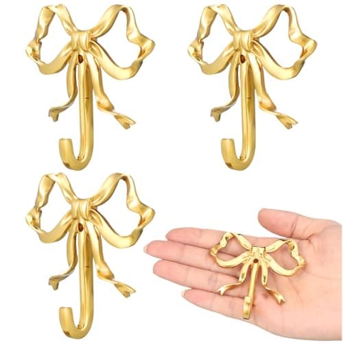 Lineshading 4 Pcs Gold Bow Wall Hooks Brass Coquette Bow Hooks for Coats Hats Bags Bath Towels Robes Vintage Room Decor Office Kitchen Hallway Bathroom Nursery Decorations S