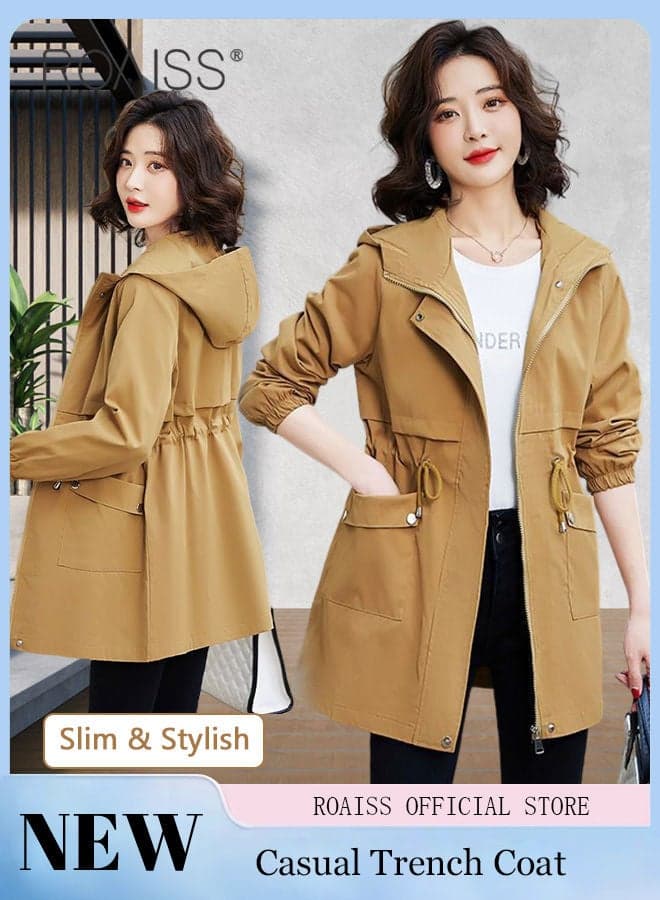 Women Mountain Hoodie Windbreaker Ladies Hooded Blouson Trench Long Coat Female Lined Slimming Coat Women Zip-In Windproof Lightweight Breathable Coat Adjustable Waist Solid Khaki