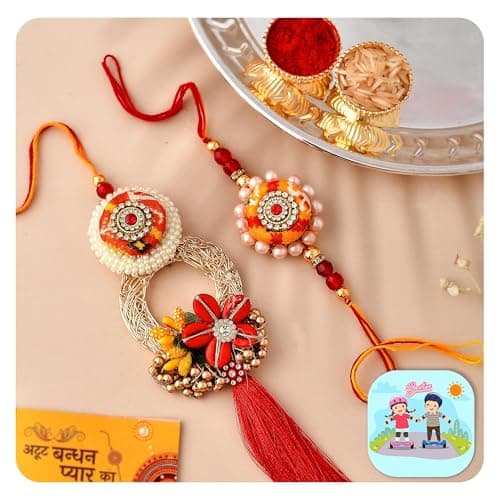 CraftVatika Rakhi for Brother and Bhabhi Set of 2 Designer Lumba Rakhi for Bhabhi Kundan Pearl for Bhaiya Boy Rakshabandhand Couple, Fridge Magnet for Door Decor