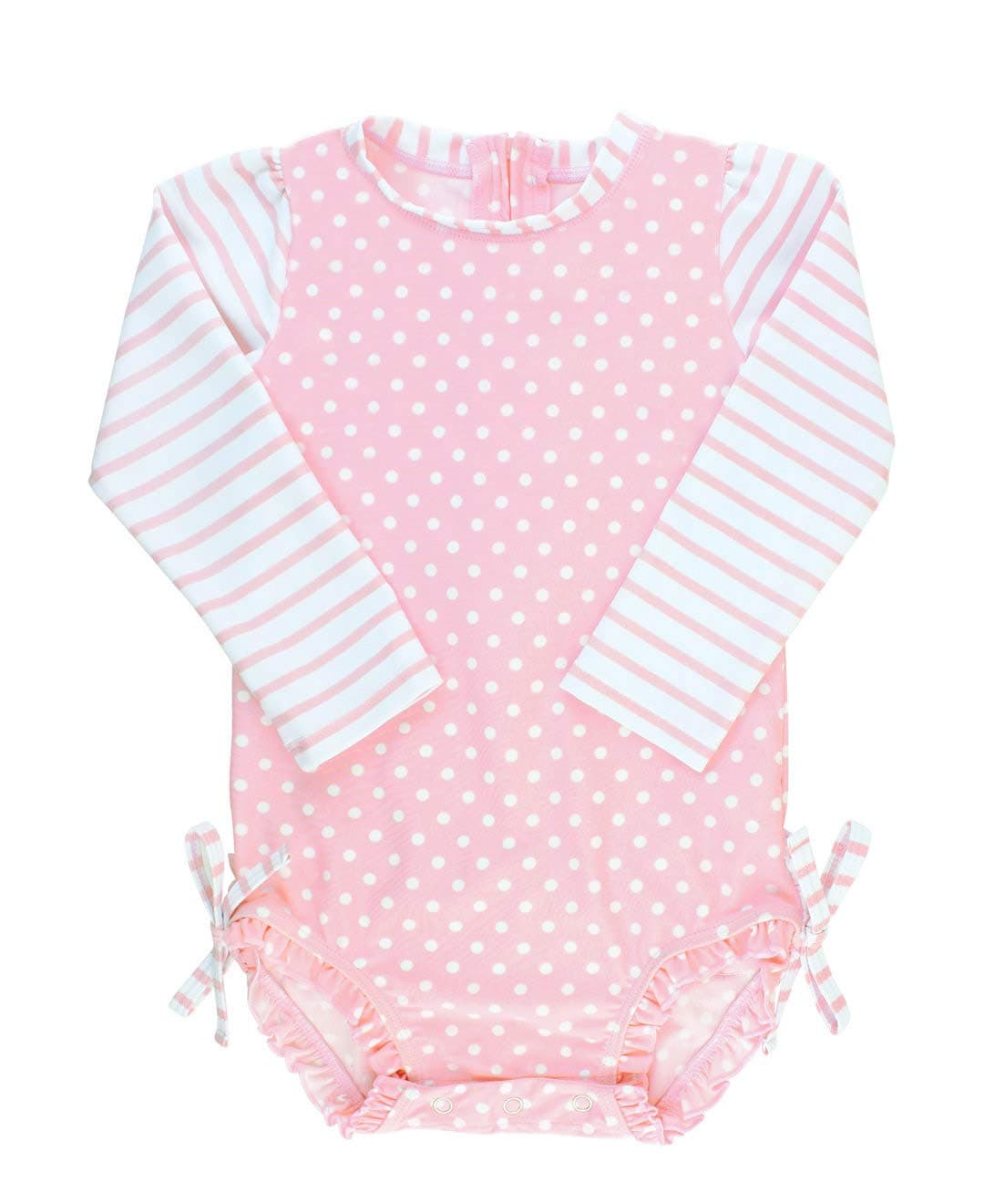 RuffleButts Baby Girls UPF 50+ Sun Protection Polka Dot Long Sleeve One Piece Rash Guard Swimsuit with Zipper - Pink Polka, 0-3m