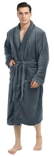 NY Threads Mens Robe, Luxury Plush Fleece Mens Bathrobe, Spa Bath Robe for Men, Small-Medium, Grey