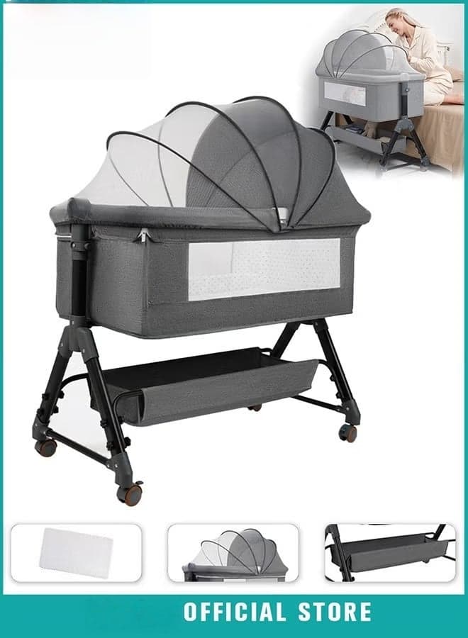 4Pcs Bedside Baby Crib, Portable Folding Babies Bassinet with Mosquito Net, Mattress, Diaper Changing Station, and 360° Swivel Wheels, Height Adjustable Nursery Bed for Infant Newborn