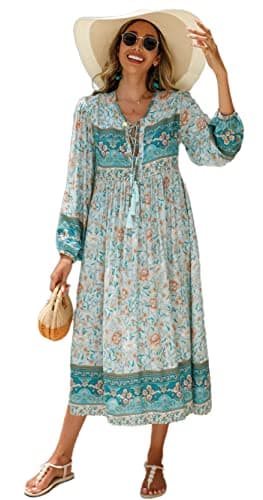 R.Vivimos Women's Long Sleeve Floral Print Retro V Neck Tassel Bohemian Midi Dresses (Small, BlueTurquoise)