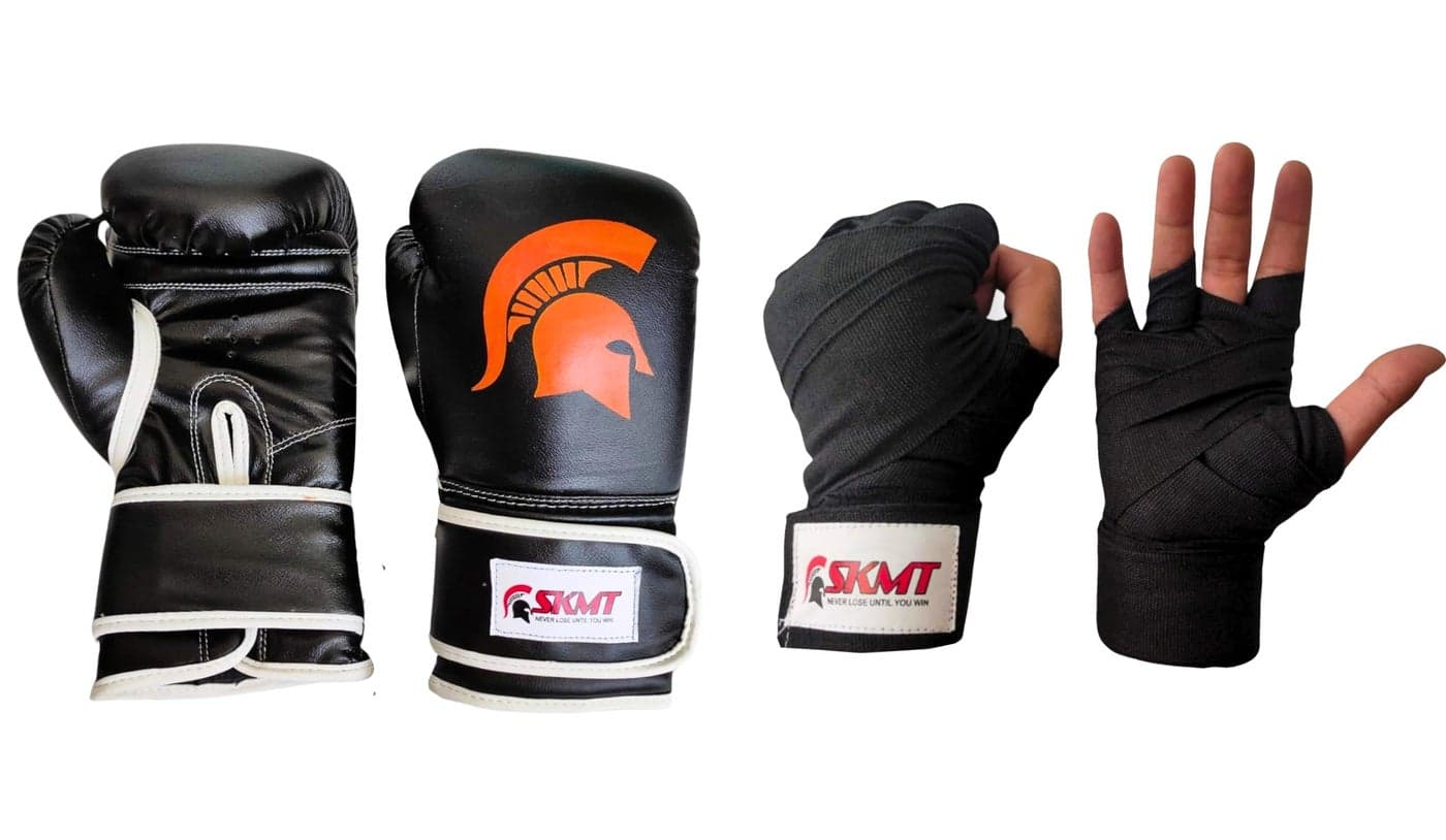 SKMT NEVER LOSE UNTIL YOU WIN Boxing Gloves for Men and Women, Karate Gloves, Adult Boxing Kit Black (Set of Gloves and Handwrap)