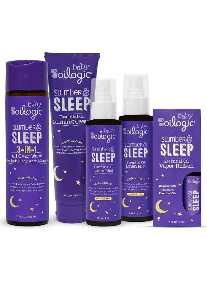Oilogic Slumber & Sleep Bath Baby Essentials Gift Set - Includes All Over Wash, Calming Cream, Sleep Spray & Roll-On Essential Oils - Pediatrician-Tested Sleep, Comfort & Wellness Blends for Babies