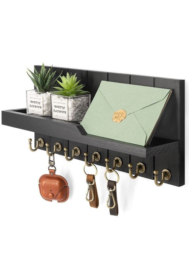 Decorative Key and Mail Holder for Wall - Farmhouse 15 Inches Floating Shelf with 7 Sturdy Key Hooks for Home Entryway Wall Decor - Rustic Key Racks (Black)