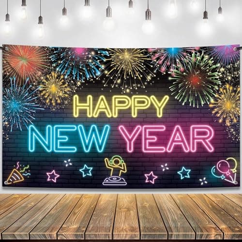 KatchOn XtraLarge Neon Happy New Year Banner 72x44 Inch Neon New Year Backdrop 2026 New Years Decorations 2026 NYE Eve Banner For NYE Decorations 2026 New Years Eve Party Supplies 2026