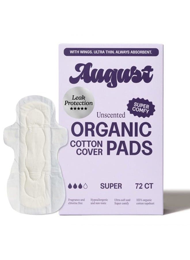 Super Cotton Menstrual Pads, 72-Pack Ultra Thin Pads with Wings, Hypoallergenic Sanitary Napkins with Organic Cotton Topsheet, Compostable Wrappers, Toxin Free, Fragrance Free