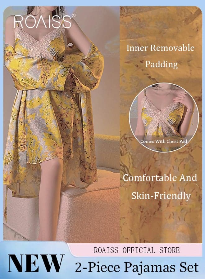 2 Piece Nightgown Set Women Sweet Halter Nightdress Lace Homewear Sleepwear Home Dress Set Romantic Elegant Pajamas Ladies Spring Autumn Robe Loungewear