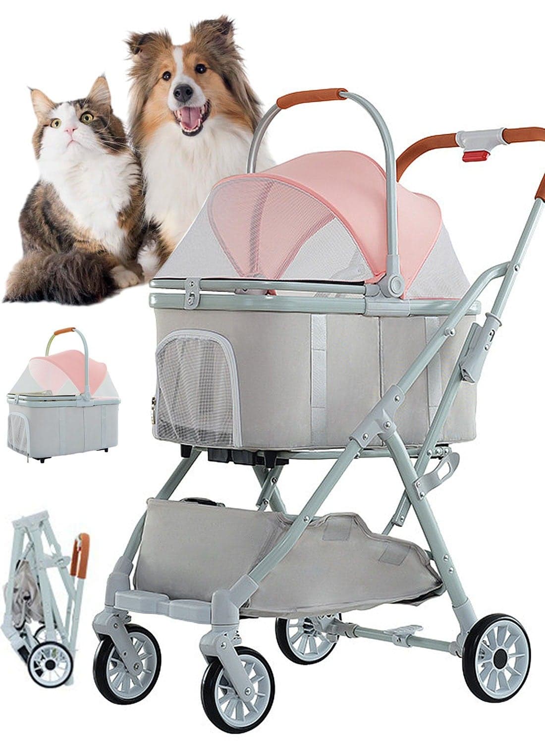 Foldable Pet Stroller Detachble Portable Pet Bag Dog Stroller with Storage Basket for Small/Medium Dogs Cats