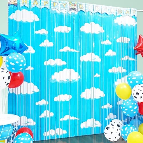 Cartoon Toy Inspired Story Birthday Party Decoration 2 Pack Story Party Photo Booth Prop Blue Sky White Cloud Fringe Curtains Tinsel Photo Streamers Backdrop for Cartoon Story Party Supplies
