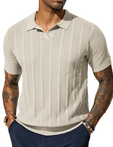 PJ PAUL JONES Mens Polo Shirts Textured Knit Golf Shirts Collared V Neck Polo Shirts Apricot