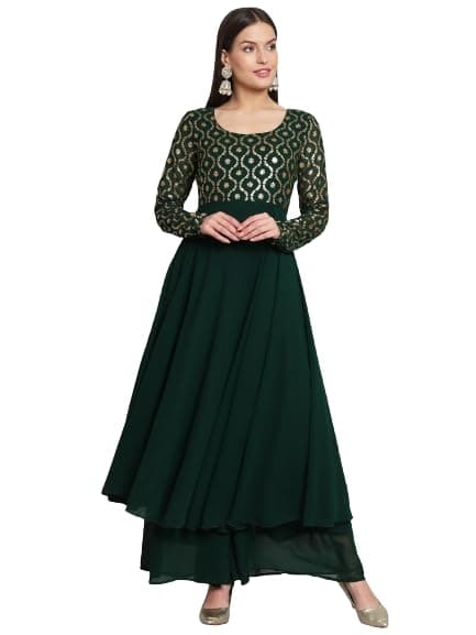 PH POSHAKHUB Green Georgette Foil Print Anarkali Kurta has Round Neck and Full Sleeve